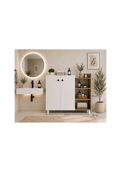 Ahşap Detaylı Banyo Dolabı - Çok Amaçlı Dolap Beyaz