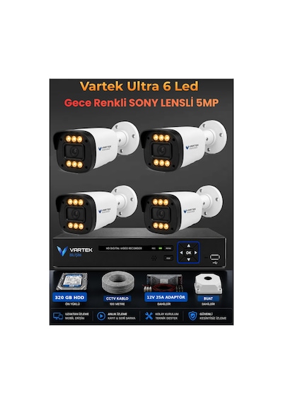 4 Kameralı Ultra 6 Ledli 5mp Sony Lensli Gece Renkli Güvenlik Kamerası Seti 320 Gb Hdd