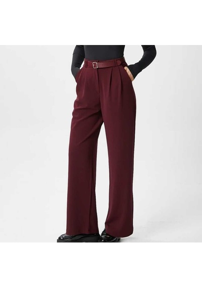 Nevege Butik Kadin Likrali Kemerli Rahat Kesim Palazzo Pantolon-bordo Bordo