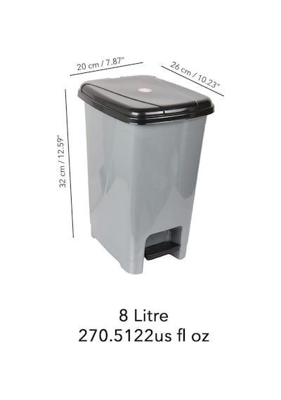 Pedallı Gri Banyo Mutfak Çöp Kovası Siyah Kapaklı Slim Pedallı Çöp Kovası 8 Litre Gri