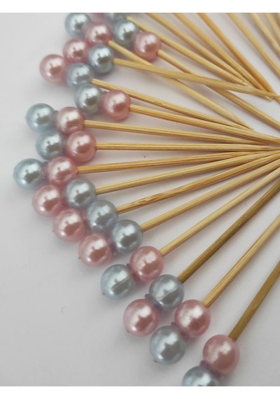 100 Adet Dekoratif Pembe Mavi Çift İncili Pasta Kürdanı 6,5 Cm- İnci 8 Mm - İncili Kanepe Kürdanı