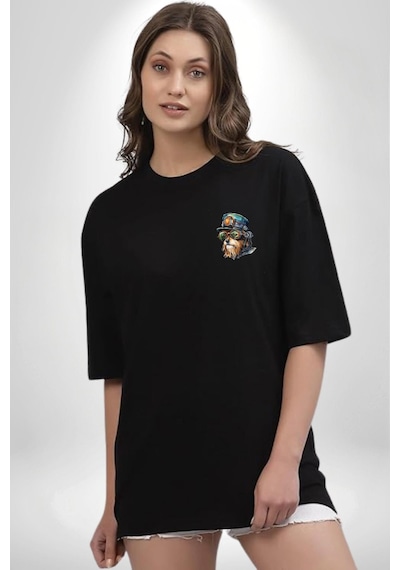 Tren Sürücüsü Gözlüklü Yorkshire Siyah Oversize Unisex Ön Sol Yan Minimal Baskılı Tişört Koyu Siyah