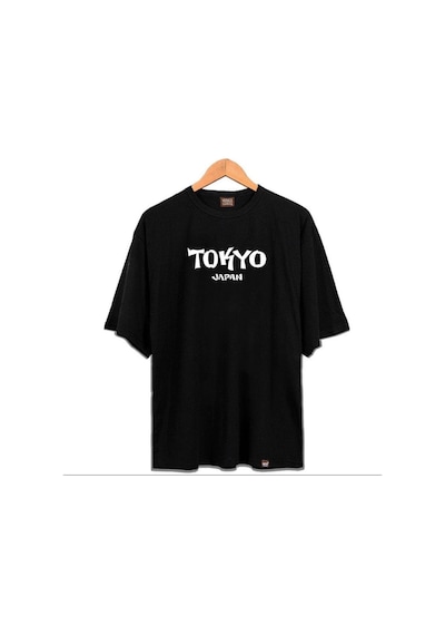 Flood Of Style Erkek Siyah Tokyo Baskılı Oversize Bisiklet Yaka Tshirt