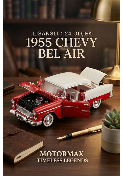 Motormax 1:24 1955 Chevy Bel Air Diecast Metal Model Araba Kırmızı Beyaz