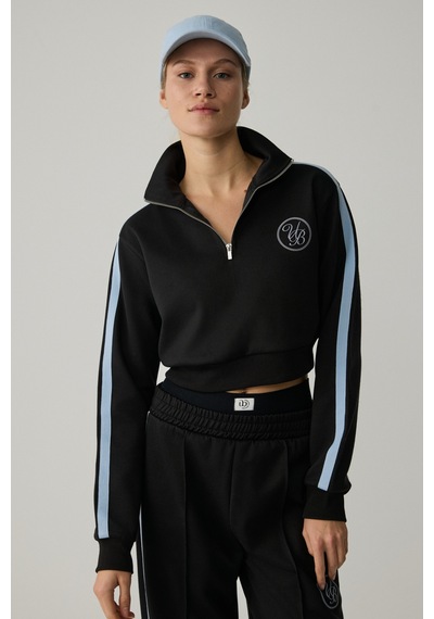 Urban Beat Helena Kadın Dik Yakalı Fermuarlı Küçük Baskı Motifli Crop Siyah Sweatshirt Siyah