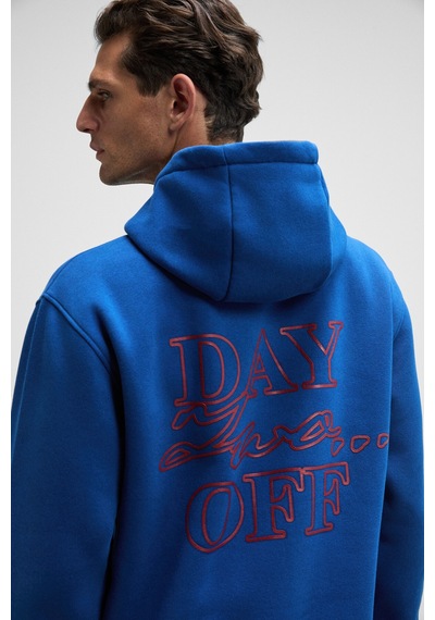 Grimelange BLAISE Erkek Önü Ve Sırtı Baskılı Kapüşonlu Kordonlu Kanguru Cepli Regular Fit Mavi Sweatshirt