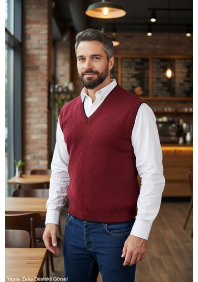 Kamalı Erkek Bordo Tüylenme Yapmayan Anti Pilling Kumaş Standart Fit Normal Kesim V Yaka Triko Süveter