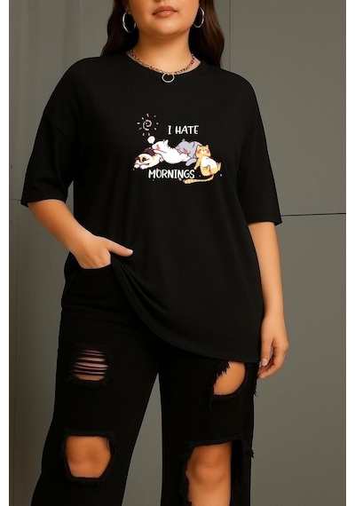 Büyük Beden Uyuyan Kediler Unisex Tişört SIYAH