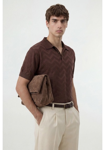 Antioch Zigzag Desenli Polo Yaka Triko Erkek T-shirt Kahverengi