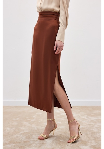 Sateen Bel Pile Detaylı Saten Etek - Kahve-136548 Kahve