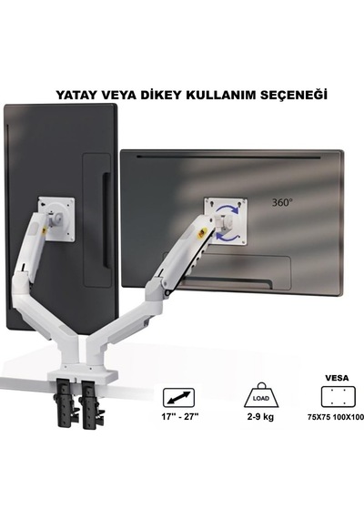 Nb F160 Beyaz Çift Kol Monitör Tutucu 17 27 Gazlı Amortisörlü, 2 9 Kg, Vesa Masaüstü Stand