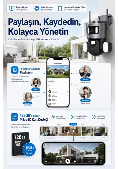 2 Kameralı 3+3mp Wıfı Güvenlik Kamerası - 360 Otomatik - Gece Görüş - Hareket - Algılama - Takip 76521098