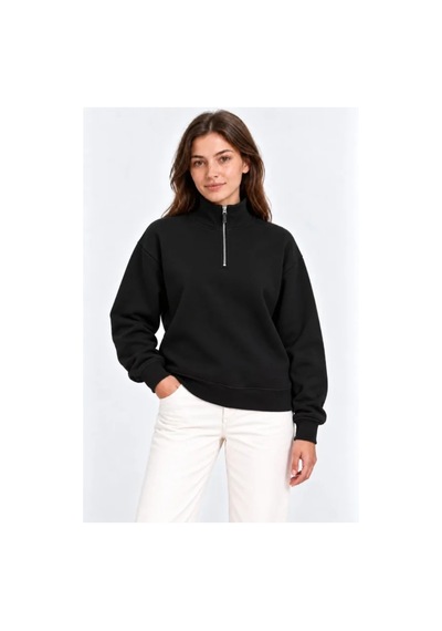 Butik İstanbul Üç İplik İçi Şardonlu Dik Yaka Yarım Fermuarlı Kışlık Sweatshirt - Siyah