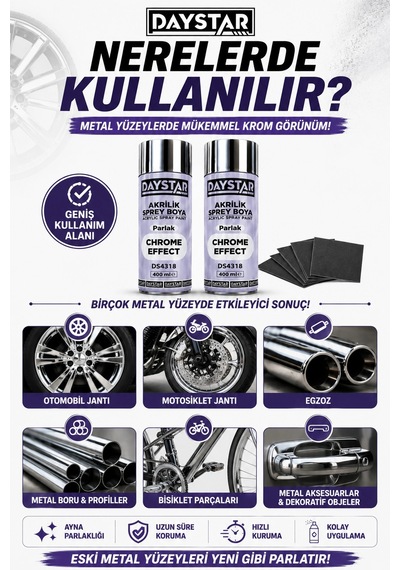 Daystar Jant Boyama Seti 2 Adet Krom Effect Sprey Boya 400 Ml + 4 Adet Zımpara Profesyonel Krom Gö Çok Renkli