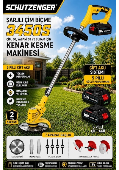 Schutzenger 3450S 5 Pilli Çift Bataryalı Şarjlı Çim Ot Biçme Makinesi Sarı 7 Başlıklı Tıppan Bakır Sargı