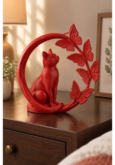 Kelebeklerle Çevrili Zarif Kedi Figürlü Dekoratif Biblo 21685089