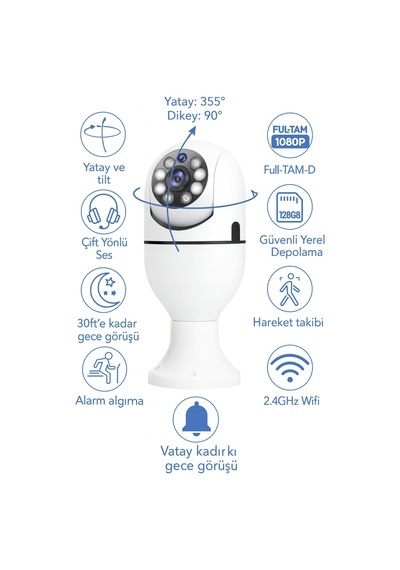 Ampul Tipi Wifi Güvenlik Kamerası Duy Girişli, Hareket Algılamalı, Gece Görüşlü Uzaktan İzleme - 805393063