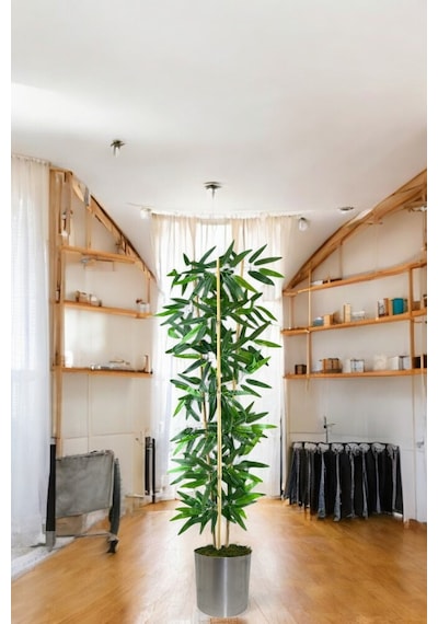 Dekoratif Yapay Yapraklı 3 Gövde Bambu Ağacı 150 Cm Bambu Metal Saksı Yeşil