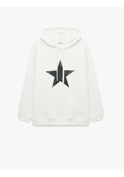 Koton Rahat Kalıp Arkası Baskılı Şardonlu Kapüşonlu Sweatshirt Ekru 7wal10048ık