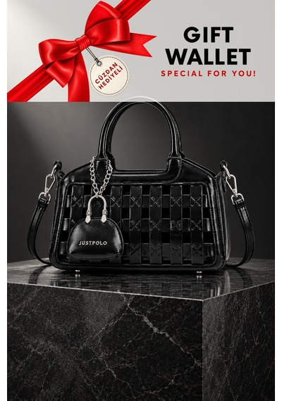 Just Polo Siyah Cuzdanli Kadin Orgu Desenli El Ve Omuz Cantasi Capraz Askili Premium Tasarim Lux Segment Siyah Camel