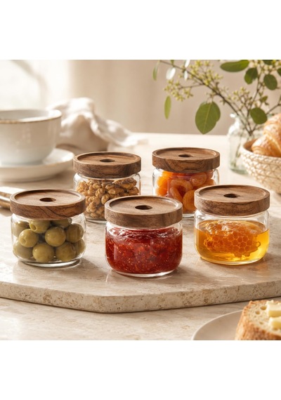 300 Ml Cam Kahvaltılık 5 Li Set, Akasya Kapaklı Şeffaf Cam Saklama Kavanozu, Kahvaltı Sunum Kabı, Zeytin Reçel Bal Kuruyemiş Sos Atıştırmalık Kavanozu Çok Renkli