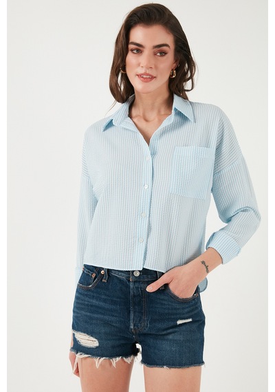 Lela Regular Fit Çizgili Göğüs Cepli Dokulu Bayan Gömlek 6772870 Bebe Mavi
