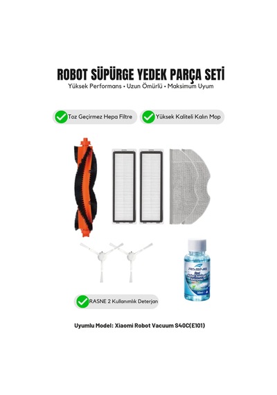 Robot Vacuum S40c E101 İle Uyumlu 1 Ana Fırça 2 Yan Fırça 2 Filtre 2 Mop 1 Deterjan 3.0