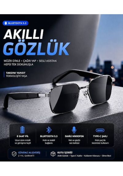 Yh Hy 0322 Gri Çerçeveli Siyah Tws Akıllı Güneş Gözlüğü Polarize Çift Hoparlör Gözlük Müzik Çağrı