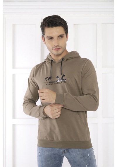 Escetic Spor Erkek Haki Cepli, Kapüşonlu Sweatshirt-4171