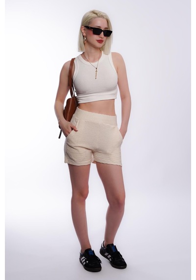 Madmext Mad Girls Krem Rengi Kaşkorse Kumaş Kadın Şort Mg572