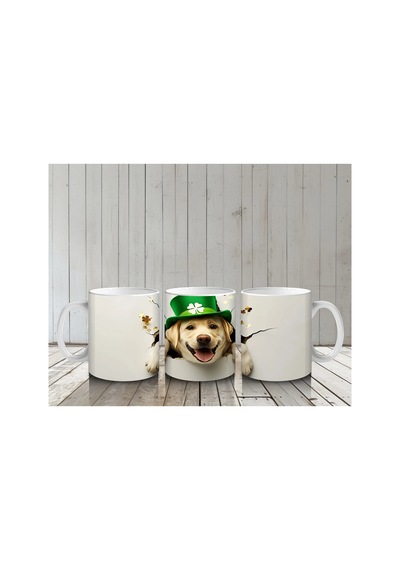 Şapkalı Sarı Köpek Ve Yeşil Arka Plan Baskılı Kahve Kupası Renkli