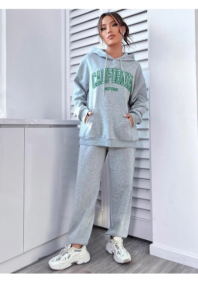 Eşofman Takımı Sweatshirt Jogger - Gri Baskılı Oversize Şardonlu Kapüşonlu Gri