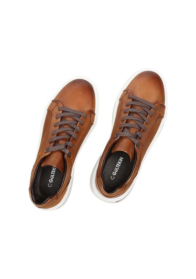 Erkek Taba Baskılı Bağcıklı Kalın Tabanlı Deri Sneaker