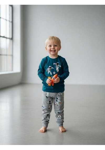 Zekids Erkek Çocuk Space Up Astronot Baskılı Uzun Kollu Pijama Takımı-16843 Yeşil
