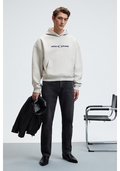 Grimelange TRUETT Erkek Kapüşonlu Kanguru Cepli Önü Ve Sırtı Baskılı Oversize Gri Sweatshirt