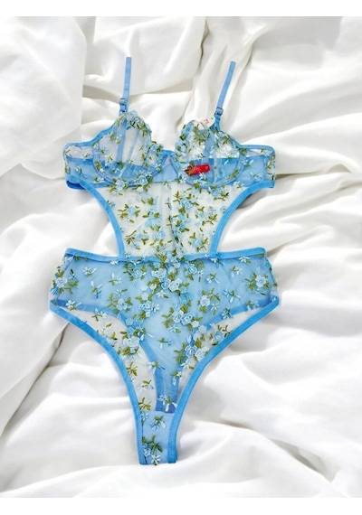 Arona Kadın Çiçek Desenli Transparan Vücuda Oturan Mavi Bodysuit - 123 Mavi