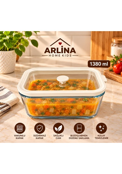 1380 Ml Vakum Kapaklı Cam Saklama Kabı Krem