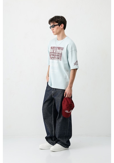 Vamos Oversize Baskılı Tişört V70-167 Bebe Mavi