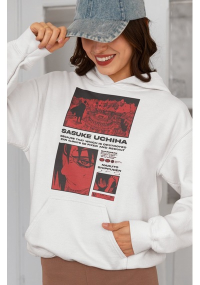 Sevbano Sasuke Uchiha Naruto Shippuden Baskılı Unisex Oversize Anime Kara beyaz