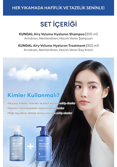 Arındıran, Nemlendiren, Hacim Veren Saç Bakım Seti Kundal Airy Volume Hyaluron Shampoo + Treatment