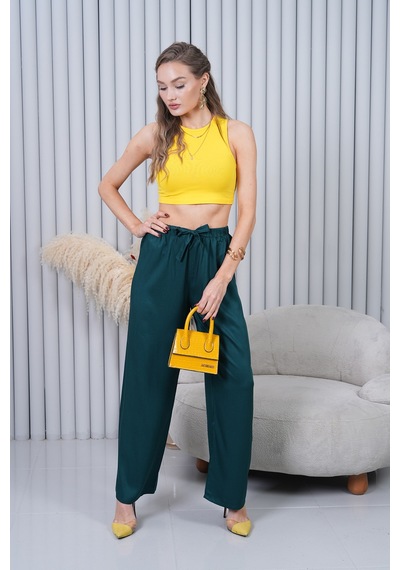 Polologin Butik Beli Bağcıklı Yüksek Bel Bol Paça Zümrüt Yeşili Pantolon Yeşil
