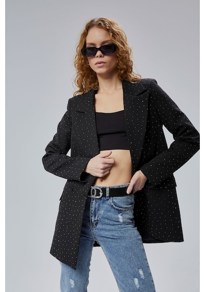 Siyah Regular Dokuma Astarlı Taş Detaylı Blazer Ceket Siyah