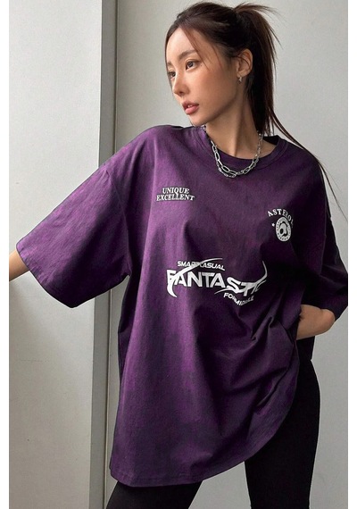 Fantastic Baskılı Unisex Oversize Tshirt Mor