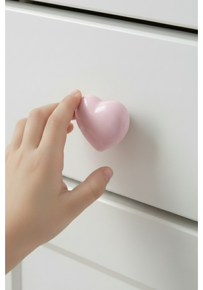 5 Adet Porselen Çocuk Odası Pembe Kalp Mobilya Kulpu Seramik Çekmece Dolap Düğmesi 55x45 MM Pembe