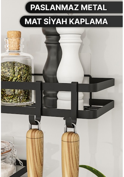 Bino Mutfak Rafı 2'li Set Yapışkanlı Lüks Modern Siyah Metal Baharatlık Rafı Organizer Düzenleyici Siyah