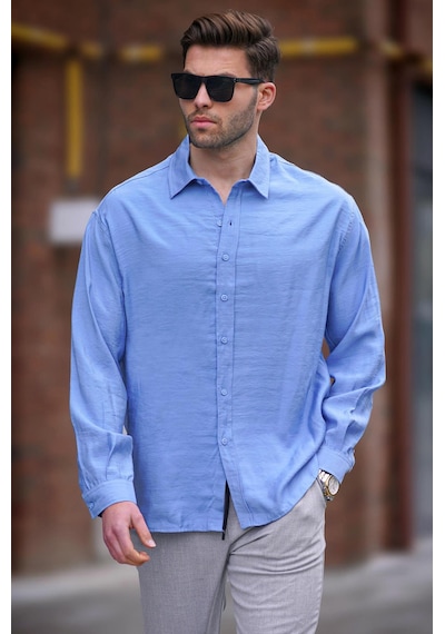 Madmext Mavi Uzun Kollu Oversize Erkek Gömlek 6733 Mavi