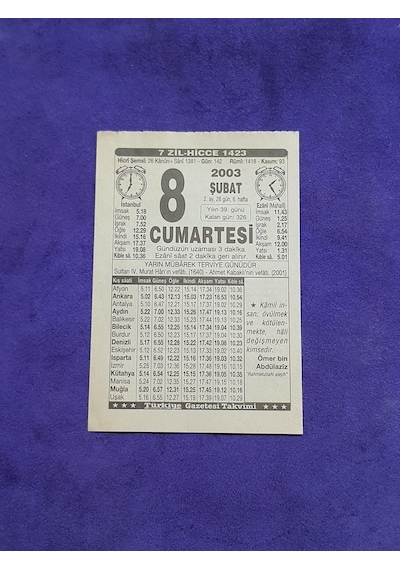 8 Şubat 2003 Takvim Yaprağı - Nostaljik Koleksiyonluk Takvim Yaprağı