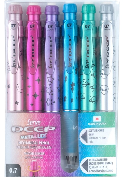 Serve Deep 0.7 Mm Mekanik Kurşun Kalem Metalik Uzay Temalı 6'lı Set Çok Renkli