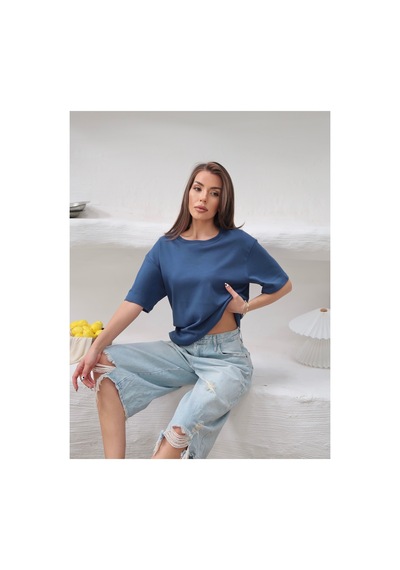 Paw Garage Kadın Mia İnterlok Kumaş Bisiklet Yaka Oversize T-shirt Mavı