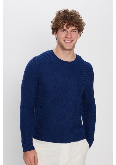 Tudors Erkek Slim Fit Dar Kesim Pamuklu Desenli Yumuşak Dokulu Saks Mavi Bisiklet Yaka Kazak-30440 Saks